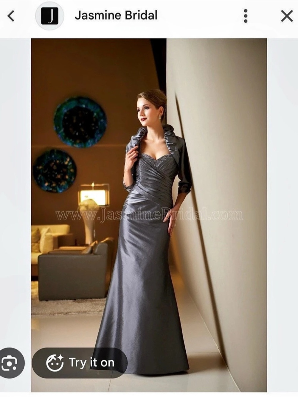 Jasmine Bridal Jade J3320LT Ruched Maxi Dress in Gray & Purple